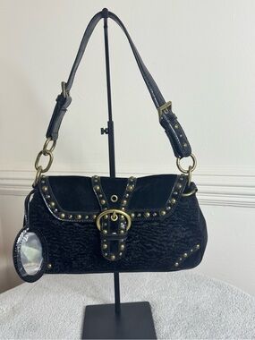 Y2K Black Studded Shoulder Bag with Brass Buckle Accent